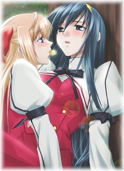 fervent idiot, himemiya chikane, kurusugawa himeko, kannazuki no miko, eyebrows, light brown hair, 00s, 2girls, :o, black bow, blue eyes, blue hair, blush, bow, bowtie, breasts, couple, eye contact, female focus, girl on top, hair ribbon, hairband, half updo, lens flare, long hair, long sleeves, looking at another, mouth hold, multiple girls, open mouth, puffy sleeves, purple eyes, red bow, red ribbon, ribbon, round teeth, school uniform, teeth, yellow hairband, yuri