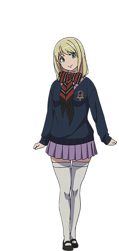 oohigashi yurie, moriyama shiemi, ao no exorcist, official art, 1girl, anime coloring, black shoes, blonde hair, blue cardigan, bow, bowtie, breasts, cardigan, closed mouth, collared shirt, full body, green eyes, head tilt, large breasts, long sleeves, looking at viewer, mary janes, medium hair, pleated skirt, purple skirt, red bow, shirt, shoes, simple background, skirt, smile, solo, standing, striped bow, tareme, thighhighs, thighs, transparent background, white shirt, white thighhighs, zettai ryouiki