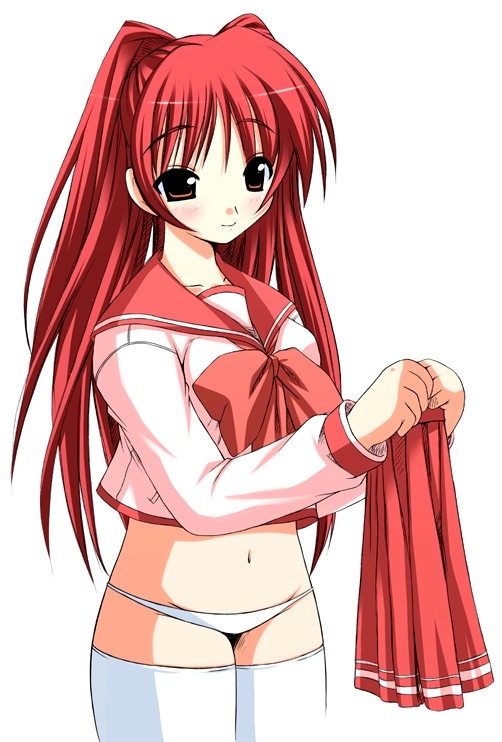 kousaka tamaki, to heart (series), to heart 2, 00s, blush, brown eyes, long hair, lowleg, lowleg panties, midriff, navel, no pants, panties, pleated skirt, red hair, school uniform, serafuku, skirt, solo, thighhighs, underwear, undressing, white panties, white thighhighs