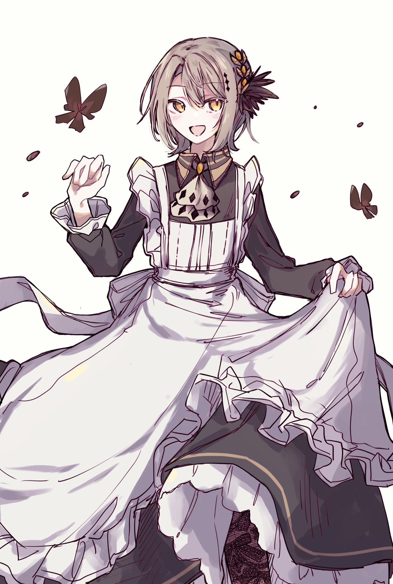 mahou shoujo no majo saiban, highres, 1girl, apron, black dress, blonde hair, bug, butterfly, clothes lift, dress, fishnet pantyhose, fishnets, frilled apron, frilled dress, frills, hasumi reia, insect, maid, maid apron, okura 0915, pantyhose, short hair, simple background, skirt, skirt lift, smile, solo, white apron, white background, yellow eyes