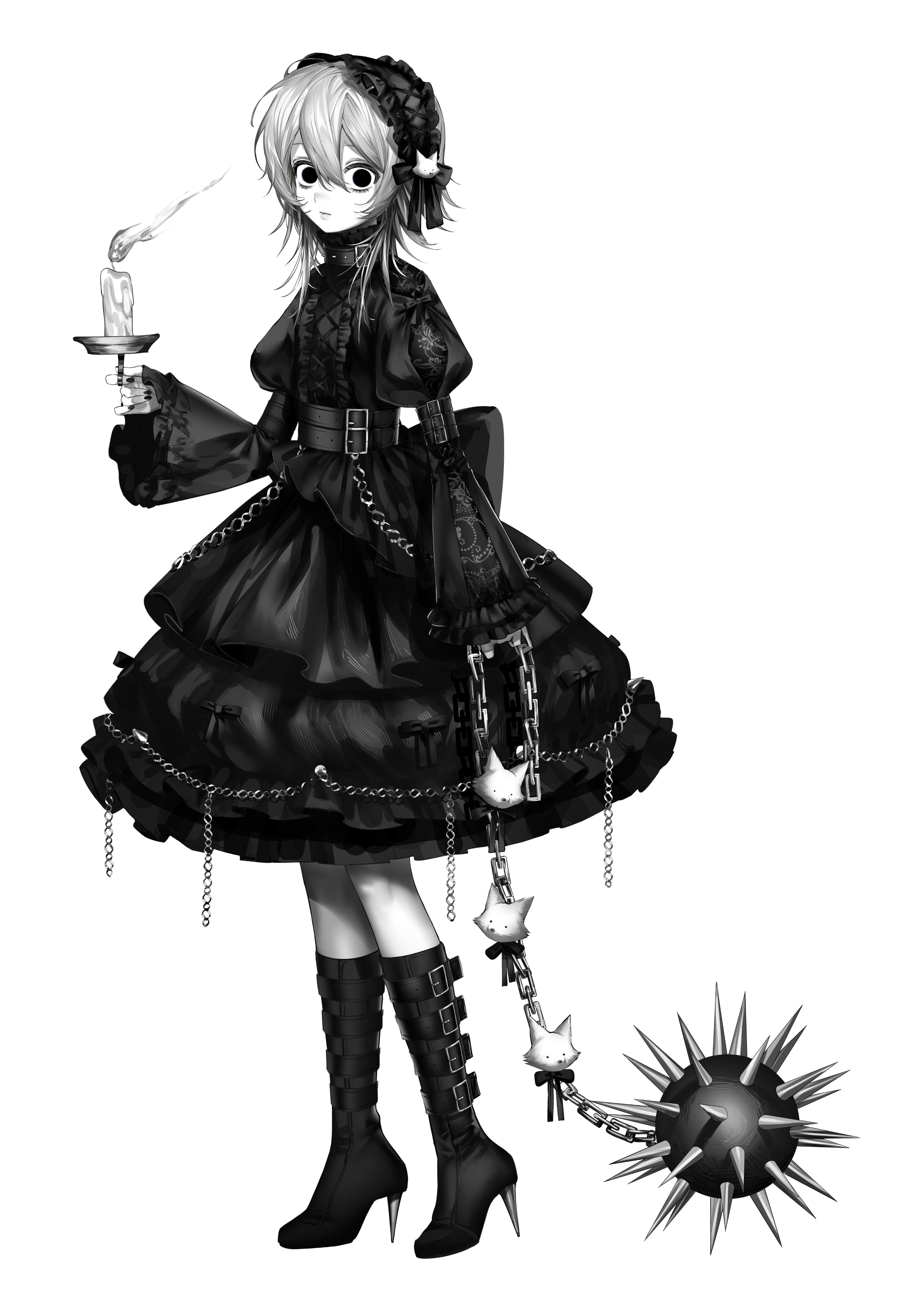 phzimi000, original, absurdres, highres, 1girl, arm belt, ball and chain (weapon), belt, boots, candlestand, chain, closed mouth, dress, empty eyes, fox hair ornament, frills, full body, gothic lolita, greyscale, hair between eyes, hairband, high heel boots, high heels, holding candlestand, juliet sleeves, lolita fashion, lolita hairband, long sleeves, looking at viewer, medium hair, monochrome, multiple belts, nail polish, puffy sleeves, simple background, solo, spiked ball, spiked ball and chain, standing, weapon, white background, wide sleeves