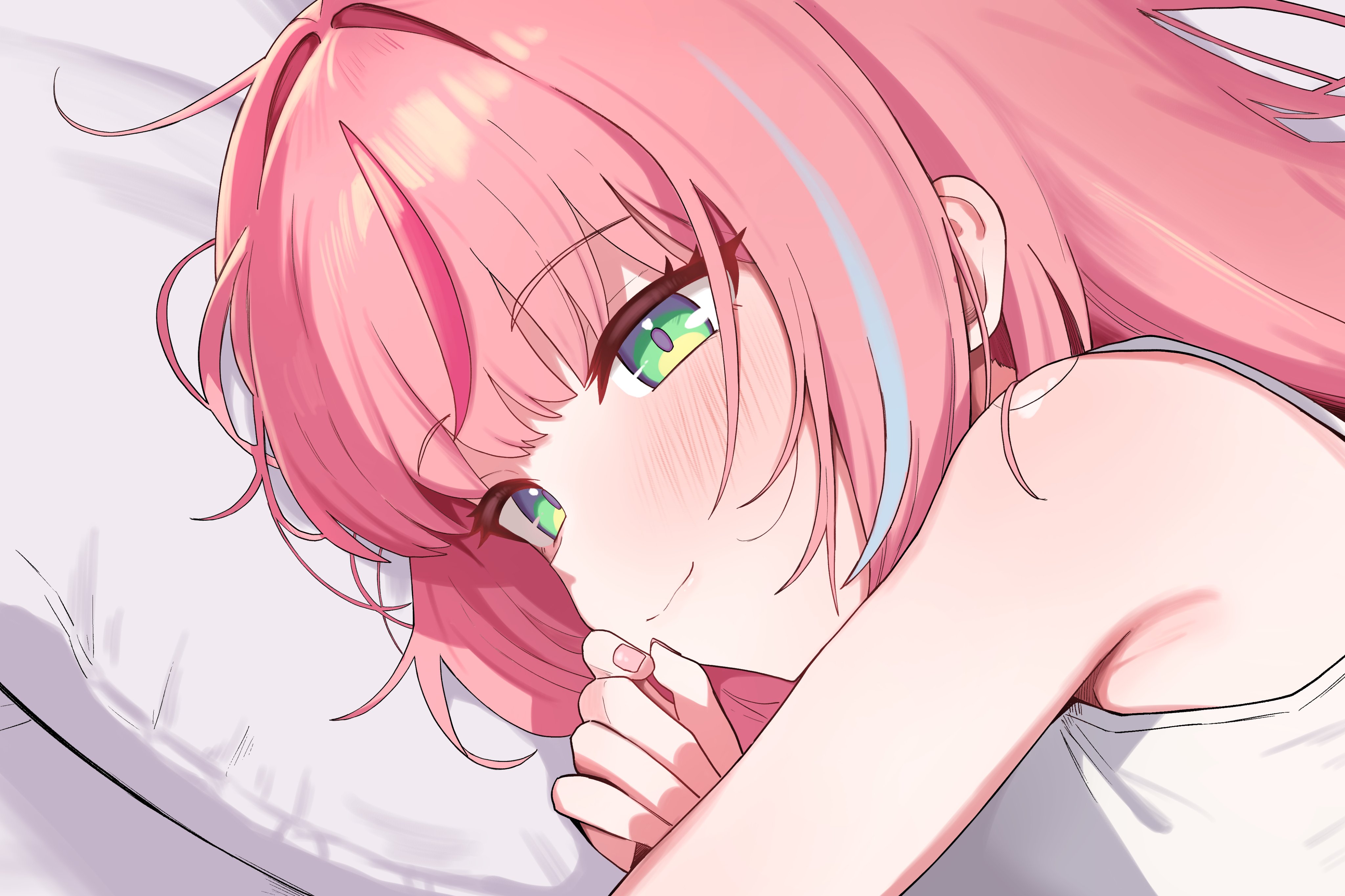 saho 4545, hanako nana, stellive, absurdres, commentary request, highres, korean commentary, 1girl, aqua streaks, armpit peek, bare shoulders, blush, closed mouth, fingernails, green eyes, hair intakes, hand on own chin, happy, head on pillow, long hair, multicolored hair, pillow, pink hair, portrait, shirt, sleeveless, sleeveless shirt, smile, solo, streaked hair, virtual youtuber, white shirt, wispy bangs