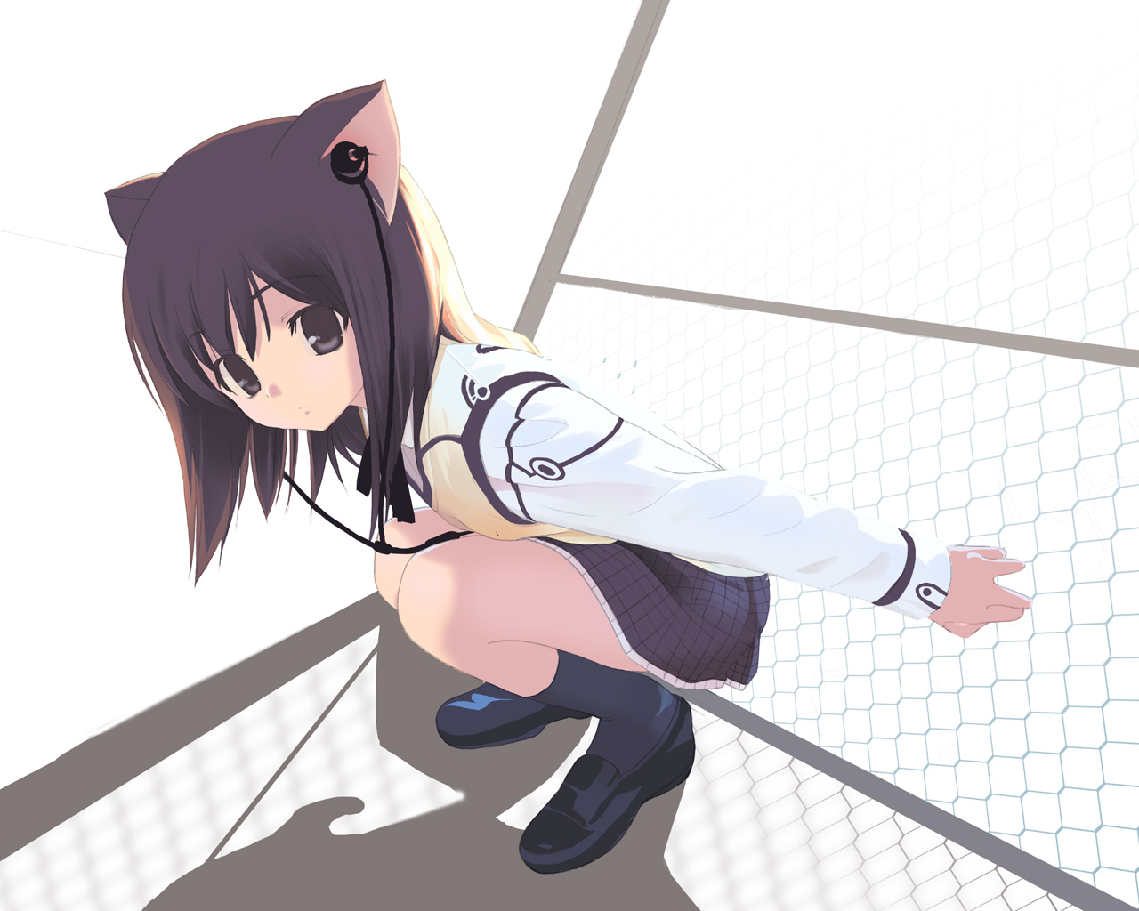 houmitsu, source request, animal ears, cat ears, chain-link fence, digital media player, earbuds, earphones, fence, music, school uniform, serafuku, skirt, socks, solo, sweater, sweater vest, vest