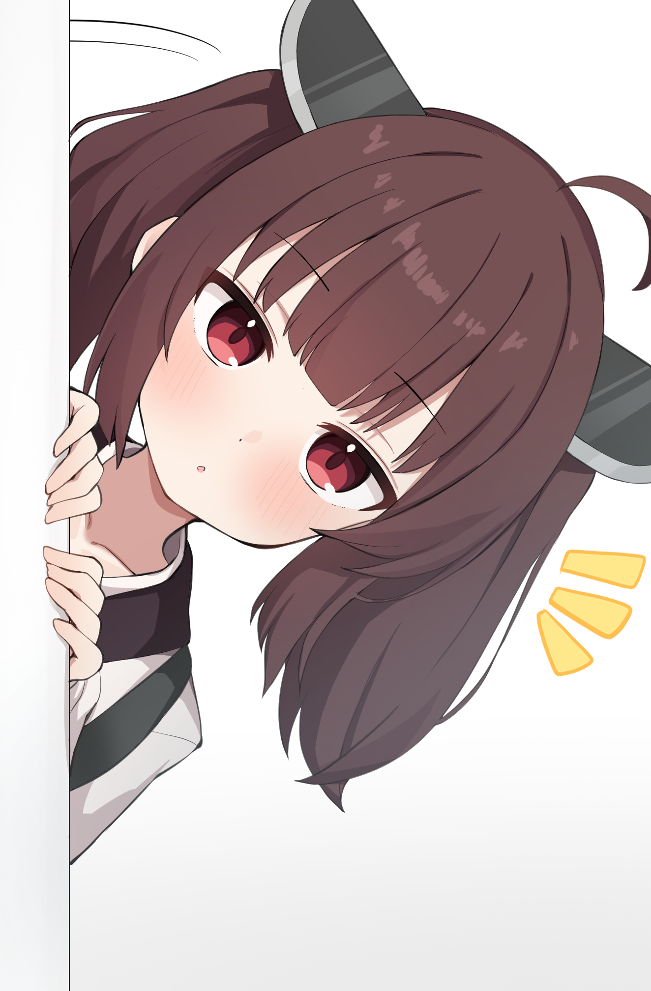 nicomi-chan, touhoku kiritan, voiceroid, highres, 1girl, ahoge, blunt bangs, brown hair, collarbone, dot nose, expressionless, headgear, light blush, looking at viewer, notice lines, parted lips, peeking out, red eyes, shirt, short hair, sidelocks, simple background, solo, twintails, upper body, white background, white shirt