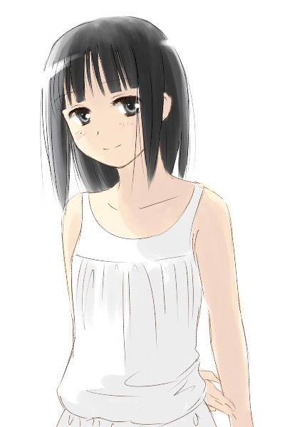 nijou noriko, maria-sama ga miteru, 00s, 1girl, black eyes, black hair, casual, collarbone, dress, female focus, looking at viewer, short hair, simple background, smile, solo, upper body, white background, white dress
