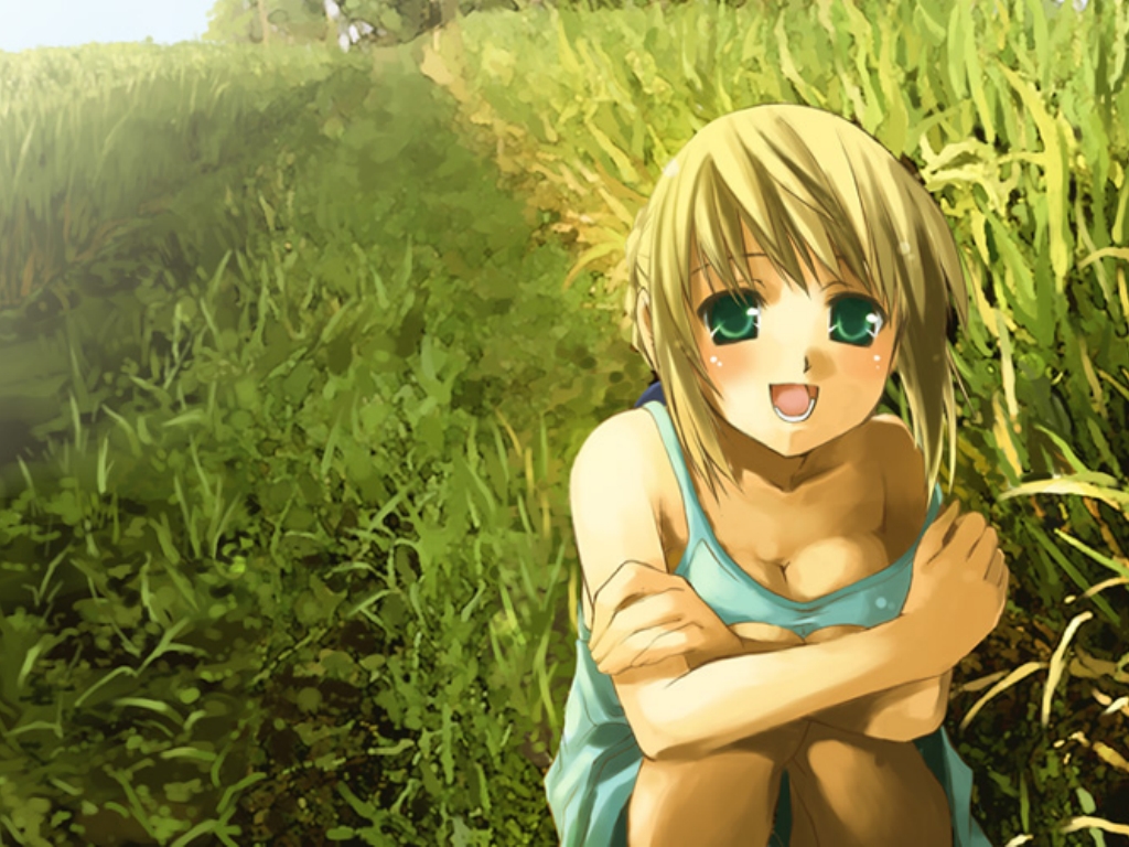 artoria pendragon (fate), saber (fate), fate/stay night, fate (series), 00s, 1girl, alternate costume, blonde hair, chemise, female focus, grass, open mouth, sitting, smile, solo, strap slip