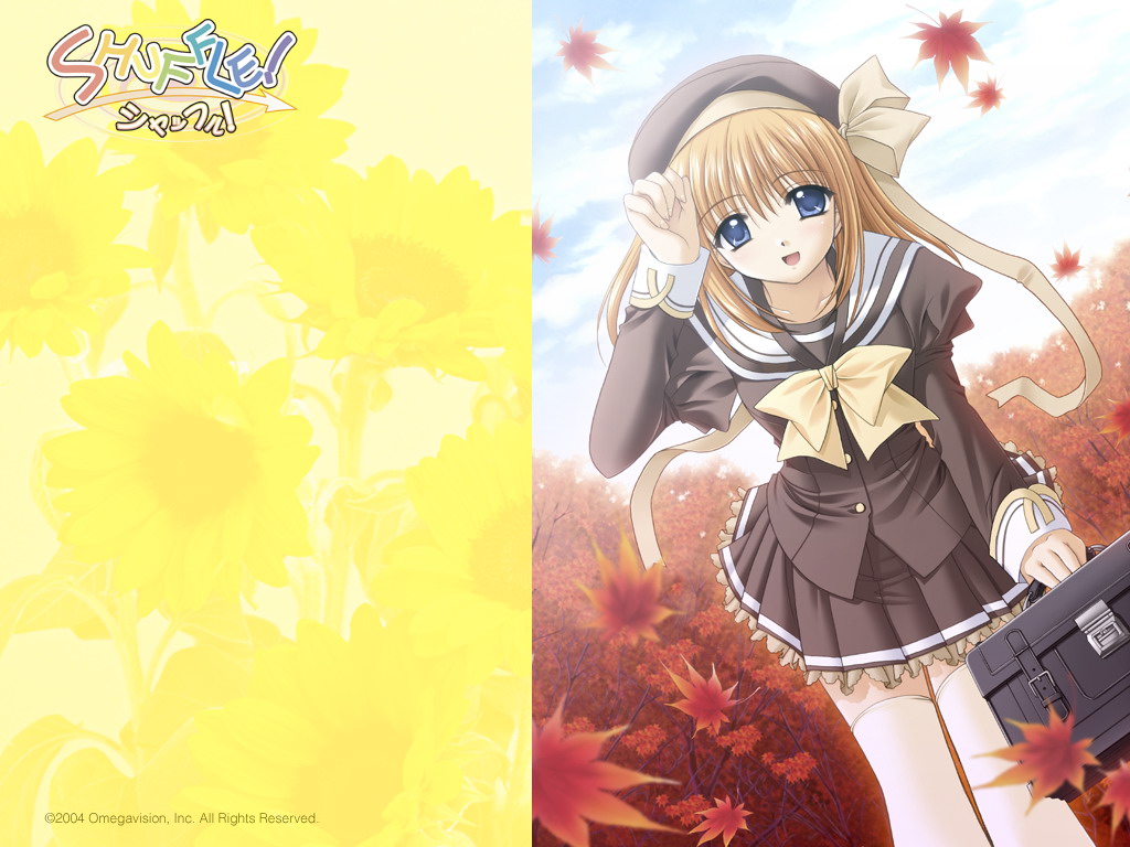 nishimata aoi, fuyou kaede, shuffle!, official art, 00s, 1girl, :d, autumn, autumn leaves, female focus, hat, leaf, open mouth, pleated skirt, school uniform, serafuku, skirt, smile, solo, thighhighs