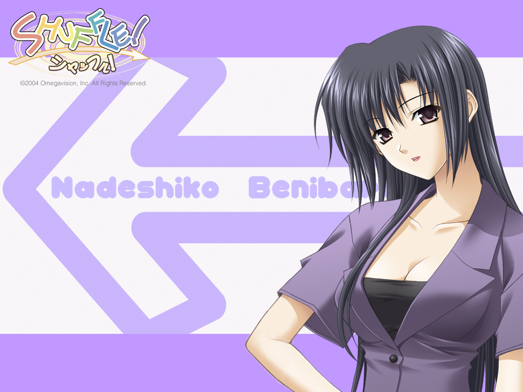 benibara nadeshiko, shuffle!, official art, official wallpaper, 00s, 1girl, black hair, black shirt, blouse, breasts, brown eyes, business suit, character name, cleavage, copyright name, dated, female focus, formal clothes, hand on own hip, head tilt, letterboxed, long hair, mature female, parted bangs, shirt, solo, strapless, suit, teacher, tube top, very long hair, white background