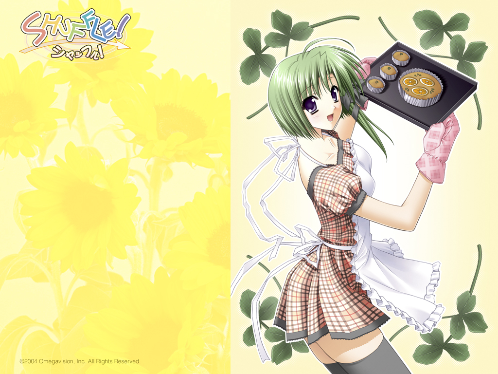 suzuhira hiro, shigure asa, shuffle!, official art, 00s, 1girl, apron, black thighhighs, checkered clothes, checkered dress, copyright name, dress, female focus, food, fruit, fruit tart, lemon, solo, tart (food), thighhighs