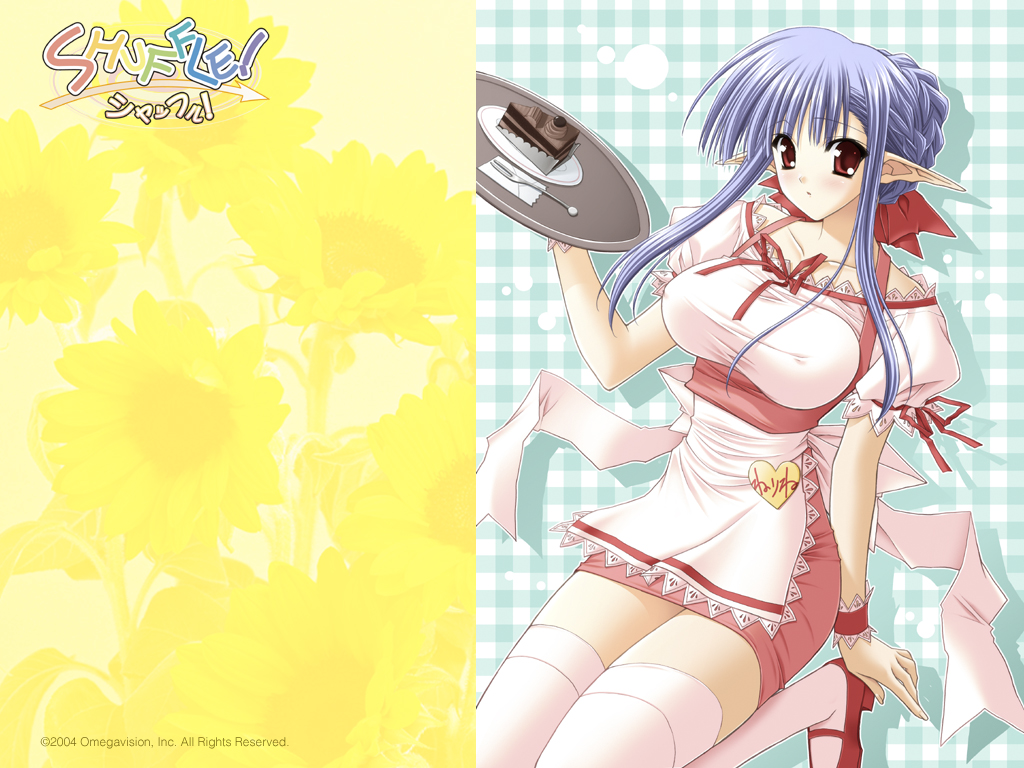 suzuhira hiro, nerine, shuffle!, 00s, 1girl, blue hair, breasts, cowboy shot, female focus, kneeling, long hair, pointy ears, red eyes, solo, thighhighs, waitress