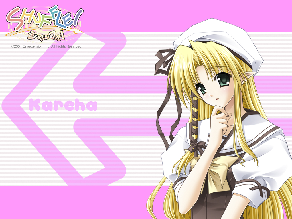 kareha, shuffle!, official art, official wallpaper, 00s, 1girl, arrow (symbol), blonde hair, blouse, bow, bowtie, character name, copyright name, dated, female focus, from side, green eyes, hand on own chin, hat, letterboxed, long hair, parted bangs, pointy ears, school uniform, serafuku, shirt, solo, stroking own chin, very long hair, white background, white hat, white shirt, yellow bow, yellow bowtie