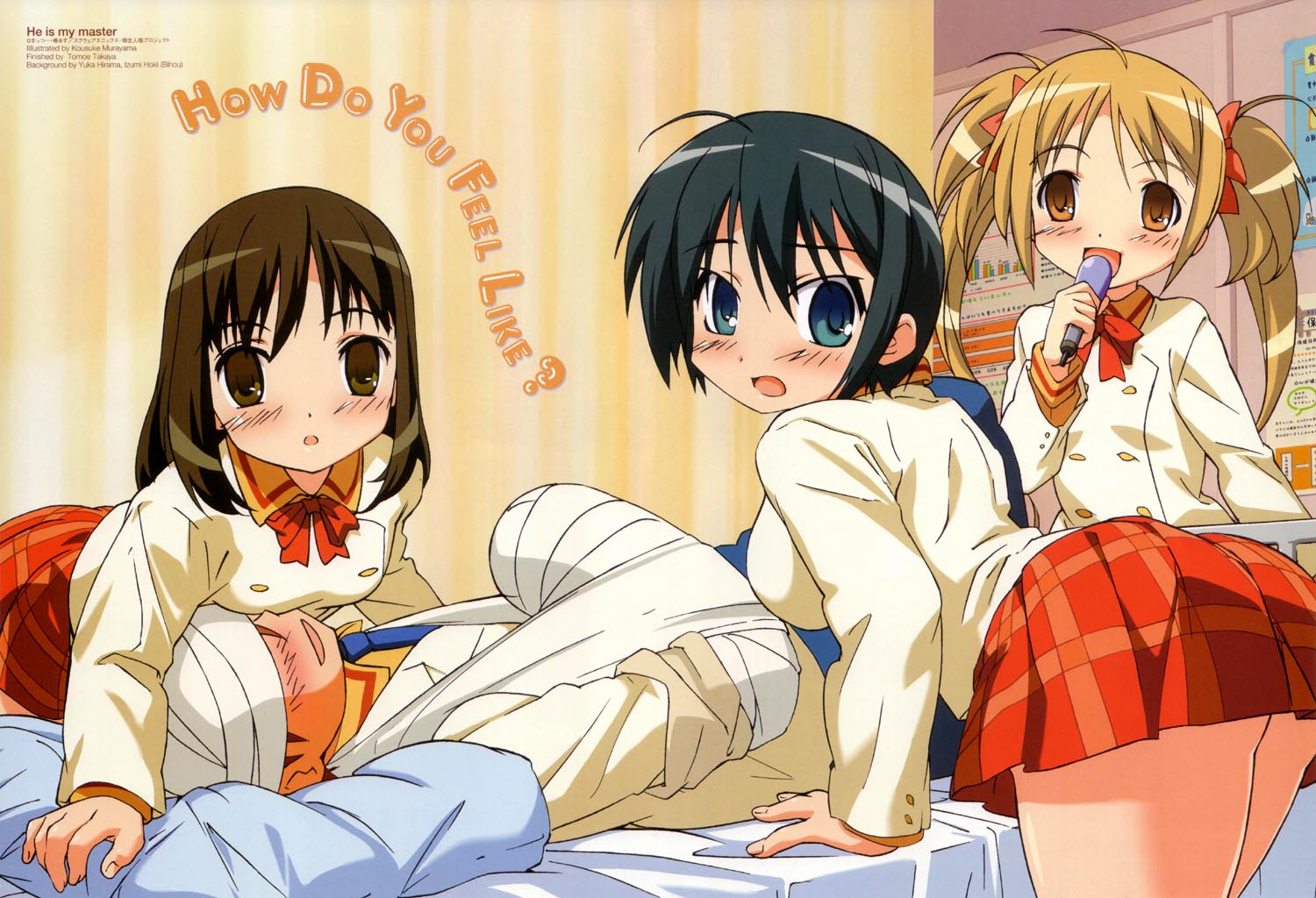murayama kousuke, kurauchi anna, nakabayashi yoshitaka, sawatari izumi, sawatari mitsuki, kore ga watashi no goshujin-sama, red neckwear, official art, 00s, 1boy, 3girls, ahoge, ass, bandaged arm, bandaged head, bandages, bed, black hair, blonde hair, blush, bow, breasts, brown eyes, brown hair, copyright name, cowboy shot, dot nose, english text, from behind, hair bow, indoors, leaning forward, looking at viewer, looking back, lying, medium breasts, microphone, microskirt, multiple girls, on back, orange eyes, pillow, plaid clothes, plaid skirt, pleated skirt, red skirt, school infirmary, school uniform, serafuku, siblings, sisters, skirt, small breasts, twintails