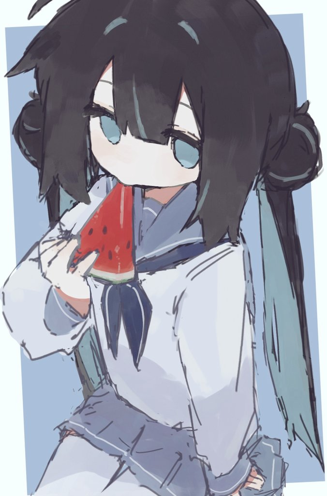 original, 1girl, aqua eyes, aqua hair, black hair, blue background, blue neckerchief, blue sailor collar, blue skirt, border, colored inner hair, double bun, food, fruit, hair bun, holding, holding food, long hair, long sleeves, looking at viewer, multicolored hair, neckerchief, sailor collar, school uniform, serafuku, shirt, sitting, sketch, skirt, solo, thighhighs, twintails, two-tone hair, watermelon, watermelon slice, white border, white shirt, white thighhighs, yakijakeumee