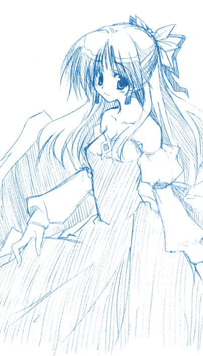 10mo, claudia (shinrabanshou), shinrabanshou, 1girl, bare shoulders, blue theme, bow, detached sleeves, dress, female focus, hair bow, half updo, long hair, monochrome, solo, strapless, strapless dress