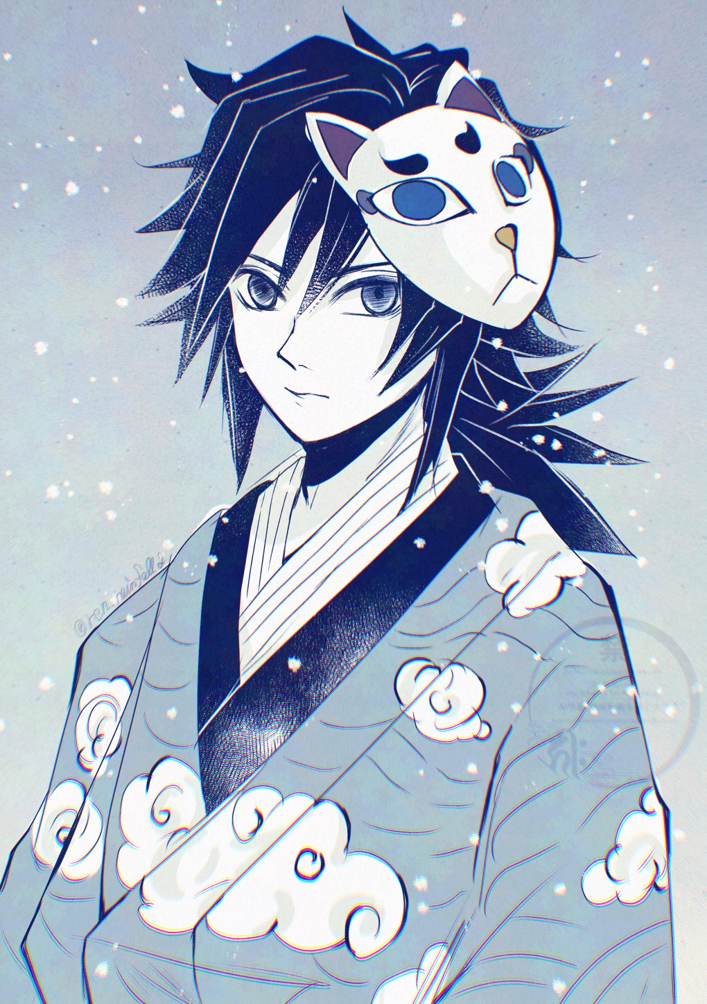 runa (ren rainfall), tomioka giyuu, kimetsu no yaiba, spiked, highres, 1boy, alternate costume, black hair, closed mouth, cloud print, empty eyes, fox mask, hair between eyes, japanese clothes, kimono, long hair, looking at viewer, low ponytail, male focus, mask, monochrome, ponytail, snow, solo, upper body