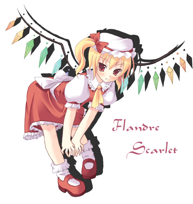 ruru (artist), ruru (heat haze), flandre scarlet, touhou, 1girl, ascot, blonde hair, character name, female focus, hat, hat ribbon, mob cap, one side up, ponytail, red eyes, red shoes, ribbon, shoes, short hair, side ponytail, solo, white hat, wings