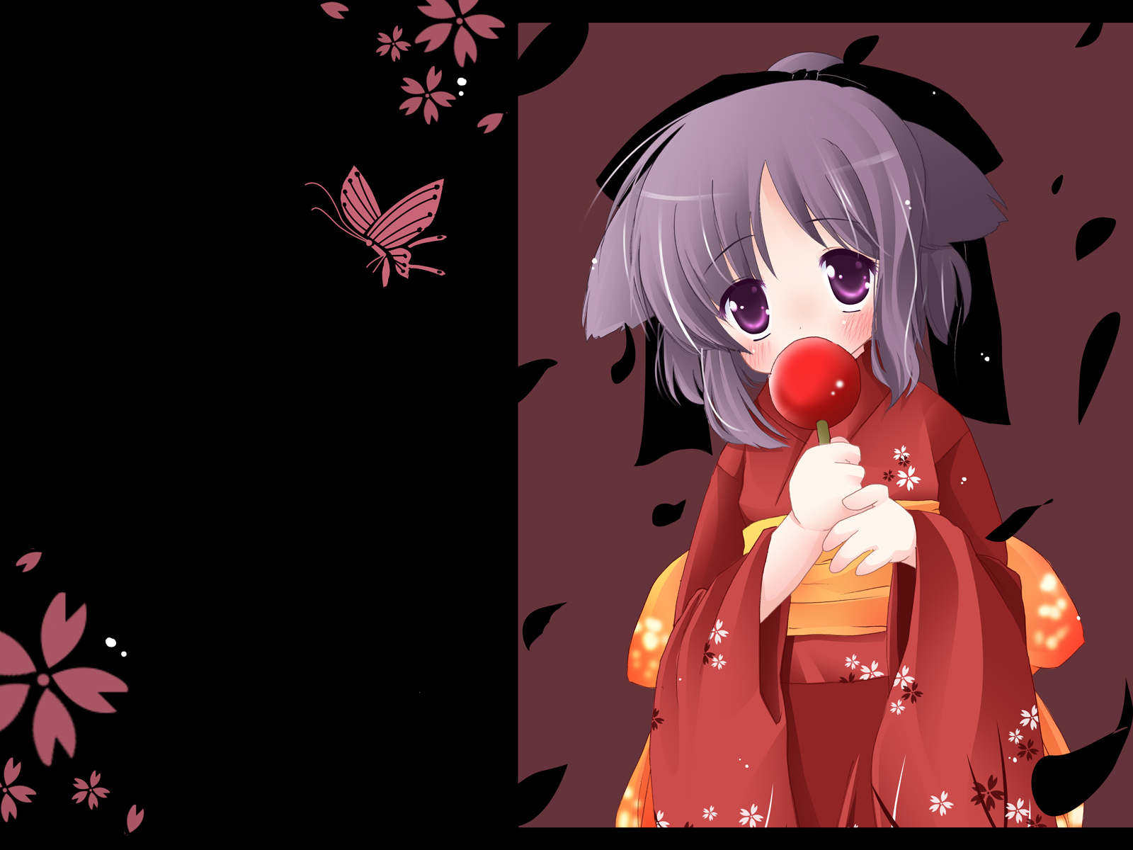 natsume eri, eyebrows, copyright request, highres, 1girl, animal ears, blush, bug, butterfly, candy apple, cat ears, child, eating, female focus, flower, food, insect, japanese clothes, purple eyes, purple hair, solo, wings