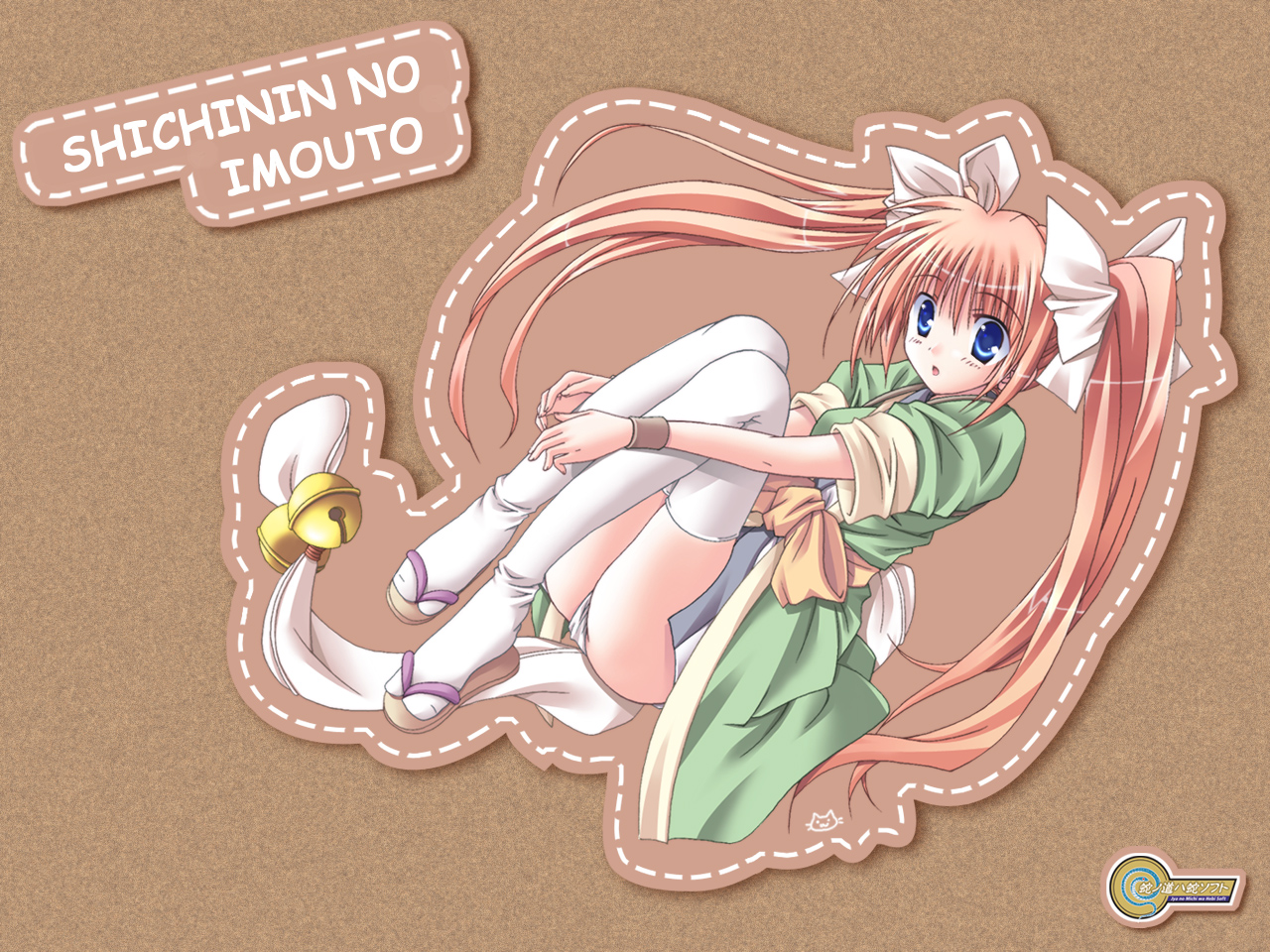 osanai suzu, sengoku no imouto nananin no imouto, sengoku no imouto shichinin no imouto, 1girl, bell, blue eyes, female focus, jingle bell, long hair, orange hair, solo, tabi, thighhighs, twintails, very long hair