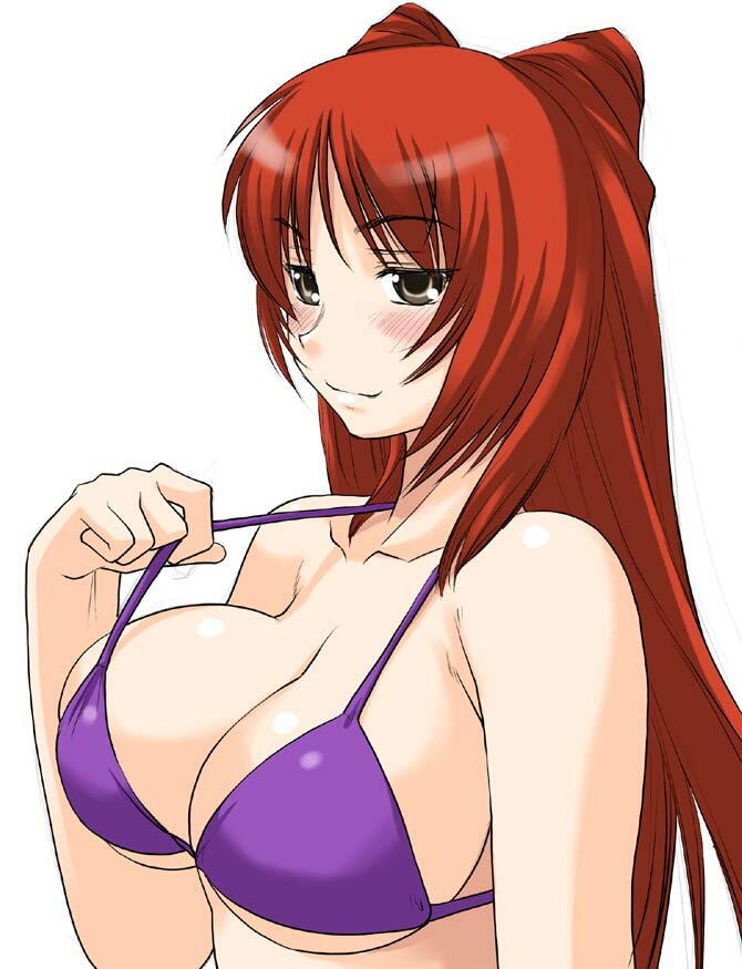 shinama, kousaka tamaki, to heart (series), to heart 2, 00s, 1girl, bikini, blush, breasts, brown eyes, female focus, huge breasts, purple bikini, red hair, simple background, solo, strap pull, swimsuit, white background