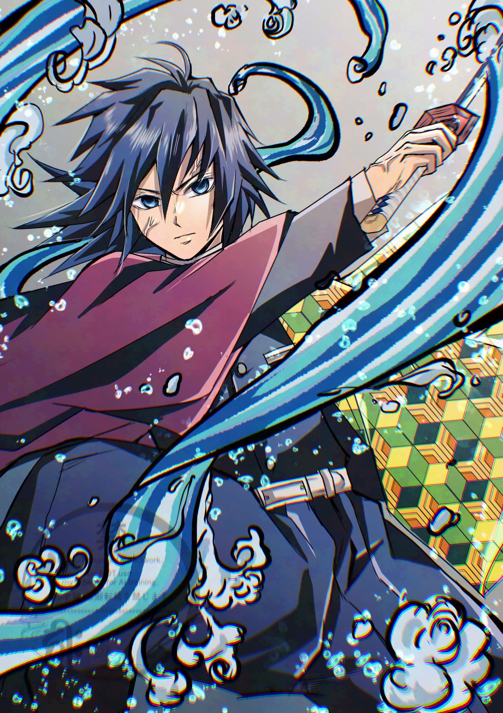 runa (ren rainfall), tomioka giyuu, kimetsu no yaiba, highres, 1boy, belt, black jacket, black pants, blue eyes, buttons, closed mouth, empty eyes, grey background, haori, holding, holding sword, holding weapon, jacket, japanese clothes, katana, long hair, looking at viewer, low ponytail, male focus, pants, ponytail, puffy pants, red haori, slashing, solo, spiked hair, sword, veiny face, water, weapon, white belt