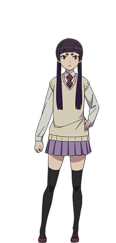 oohigashi yurie, kamiki izumo, ao no exorcist, official art, 1girl, anime coloring, black thighhighs, brown sweater vest, closed mouth, collared shirt, full body, hand on own hip, long hair, long sleeves, looking at viewer, mary janes, necktie, pleated skirt, purple hair, purple skirt, red eyes, red shoes, school uniform, shirt, shoes, short eyebrows, simple background, skirt, solo, standing, striped necktie, sweater vest, thick eyebrows, thighhighs, thighs, transparent background, tsurime, twintails, white shirt, zettai ryouiki