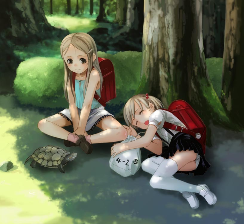 sody, 2girls, backpack, bag, black skirt, blonde hair, brown eyes, closed eyes, closed mouth, dappled sunlight, day, forest, full body, hair bobbles, hair ornament, hairclip, loafers, loli, long hair, lying, multiple girls, nature, on side, open mouth, outdoors, pink socks, pleated skirt, randoseru, red bag, sack, shoes, short hair, sitting, skirt, socks, sunlight, suspender skirt, suspenders, thighhighs, turtle, white skirt, white thighhighs
