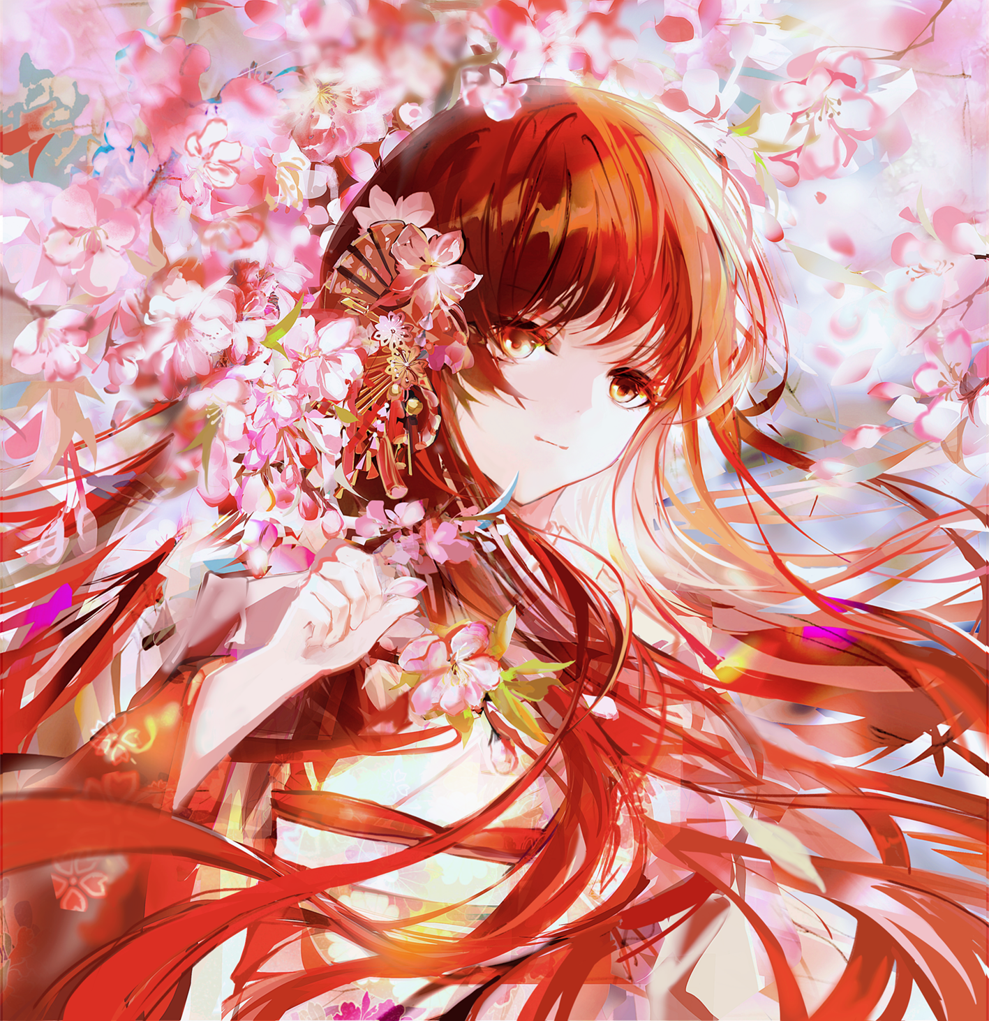 guikong560, uesugi erii, highres, 1girl, cherry blossoms, closed mouth, japanese clothes, light smile, long hair, red hair, solo, yellow eyes
