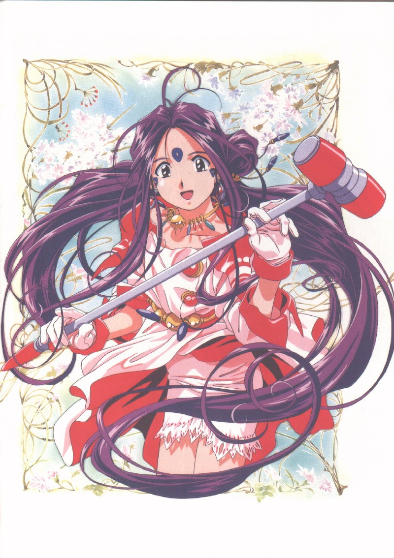 skuld (aa megami-sama), aa megami-sama, 1990s (style), 1girl, earrings, facial mark, female focus, forehead mark, gloves, hammer, jewelry, long hair, purple hair, retro artstyle, solo, very long hair
