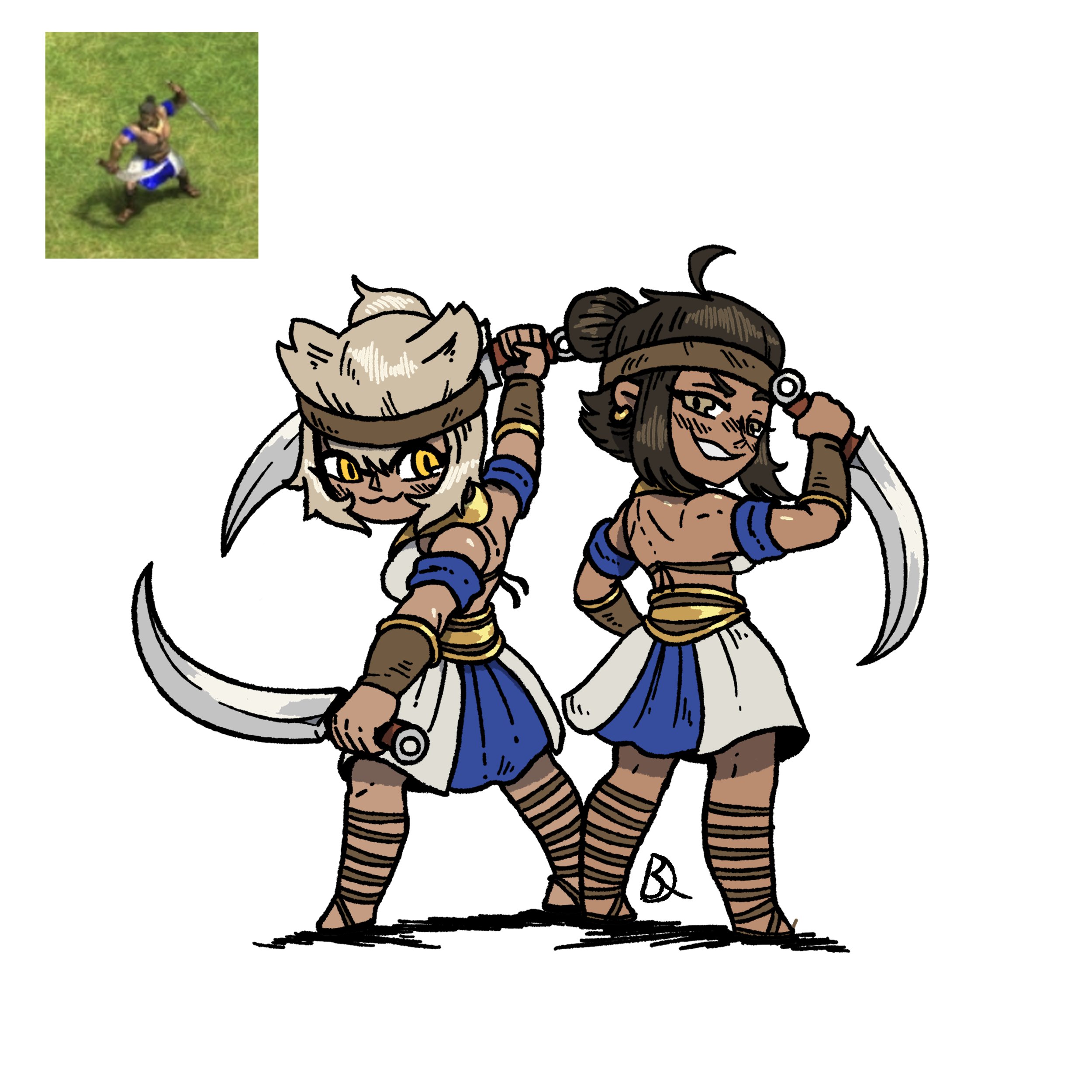 kabewski, age of empires (series), age of empires ii, absurdres, highres, 2girls, animal ears, back, bandana, blonde hair, brown hair, cat ears, dark-skinned female, dark skin, dual wielding, holding, holding knife, karambit, karambit warrior (age of empires ii), knife, multiple girls, reference inset, sandals, skirt, white background, yellow eyes