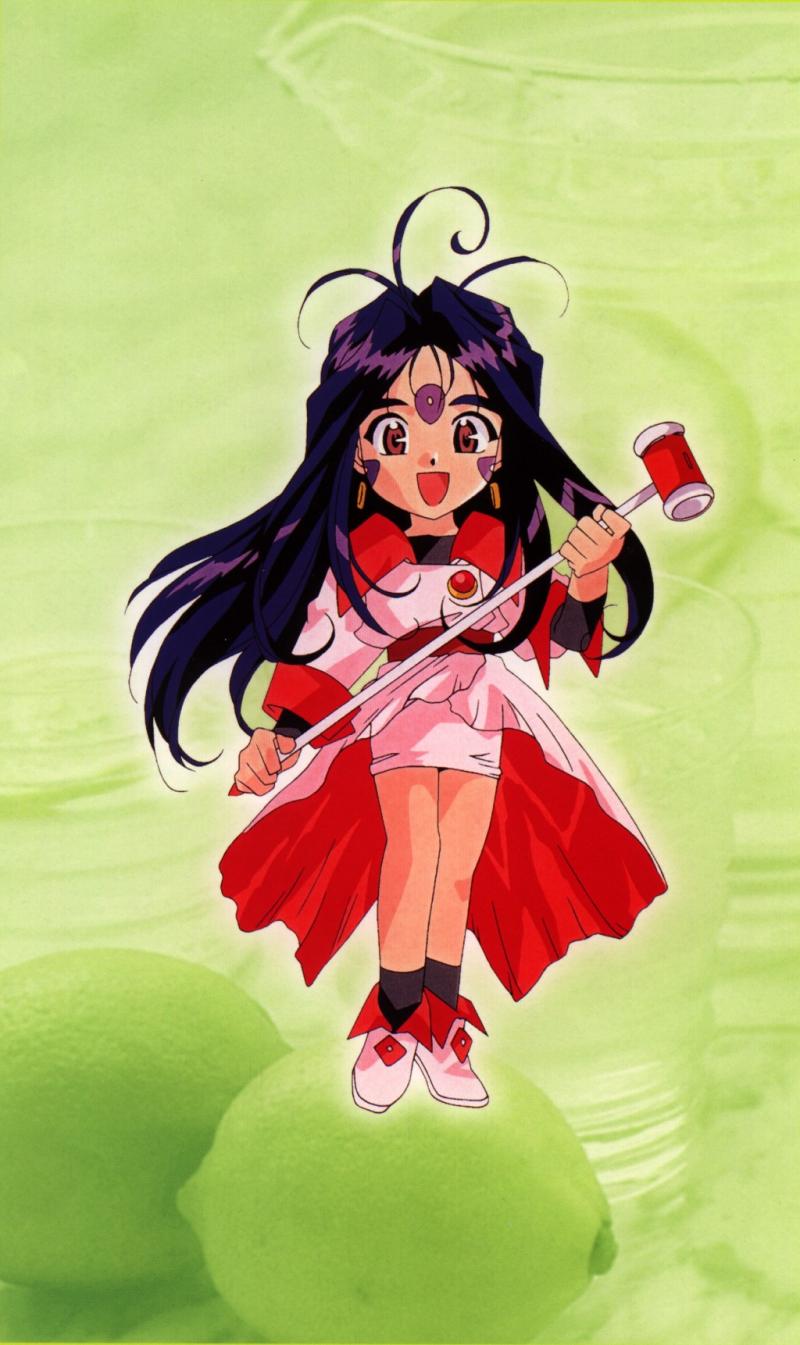 skuld (aa megami-sama), aa megami-sama, highres, 1990s (style), 1girl, chibi, chibi only, facial mark, female focus, forehead mark, green background, hammer, retro artstyle, solo
