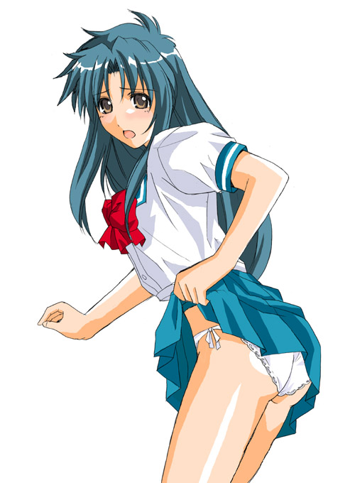toshibou (satsukisou), chidori kaname, full metal panic!, 00s, 1girl, ass, blush, bow, brown eyes, clothes lift, female focus, green hair, leaning forward, lifting own clothes, looking back, panties, pleated skirt, school uniform, serafuku, side-tie panties, skirt, skirt lift, solo, standing, underwear, white panties