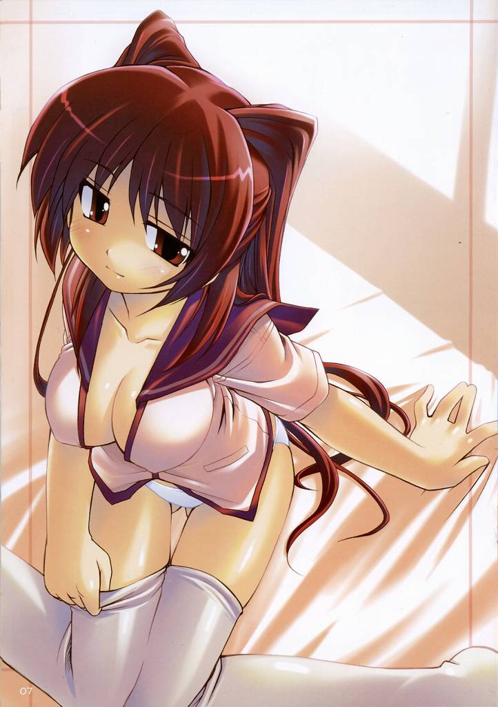 bakutendou, kousaka tamaki, to heart (series), to heart 2, 00s, 1girl, arm support, bed, blush, bottomless, breasts, brown eyes, cleavage, collarbone, female focus, large breasts, long hair, no pants, open clothes, open shirt, panties, red hair, school uniform, serafuku, shirt, sitting, solo, thigh gap, thighhighs, thighs, underwear, undressing, white panties, white thighhighs