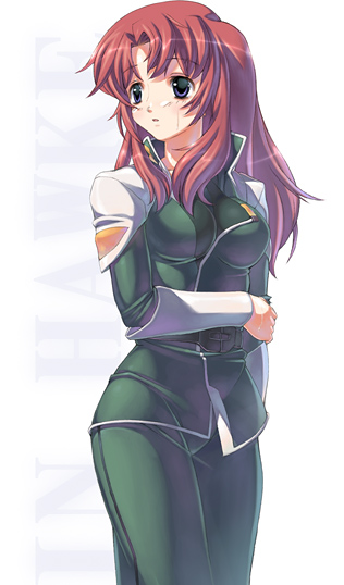 uchiu kazuma, meyrin hawke, gundam, gundam seed, gundam seed destiny, 00s, 1girl, female focus, hand on own elbow, high collar, looking to the side, purple eyes, red hair, solo, standing