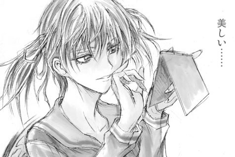 raid slash, fukuzawa yumi, maria-sama ga miteru, lowres, 00s, 1girl, female focus, greyscale, monochrome, notepad, school uniform, serafuku, short hair, sketch, solo, twintails, upper body