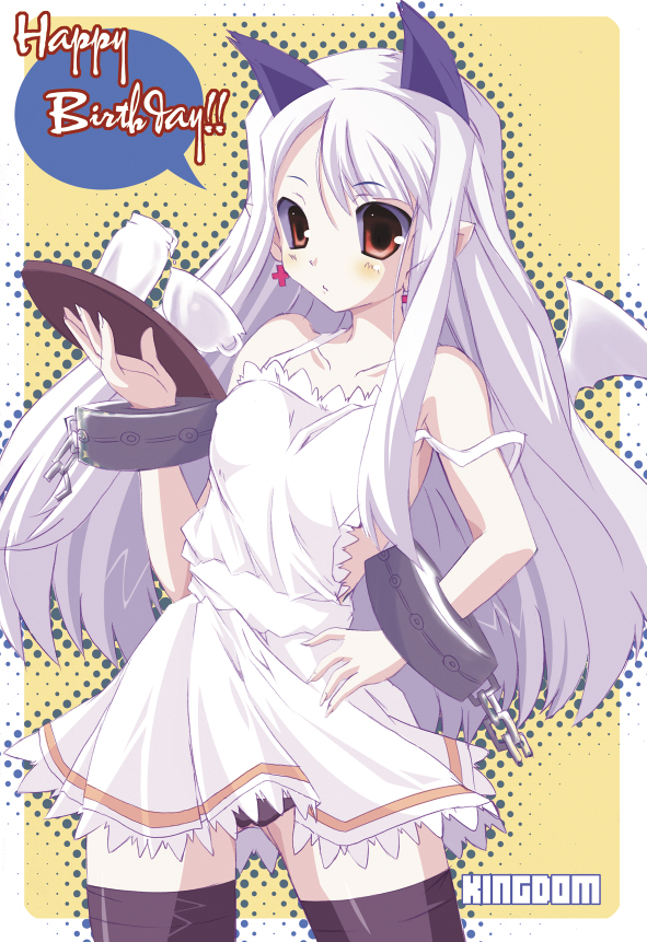 mitsumi misato, pram (phantom kingdom), disgaea, nippon ichi, phantom kingdom, 1girl, apron, black thighhighs, cowboy shot, female focus, naked apron, panties, solo, speech bubble, standing, thighhighs, underwear, waitress, white hair