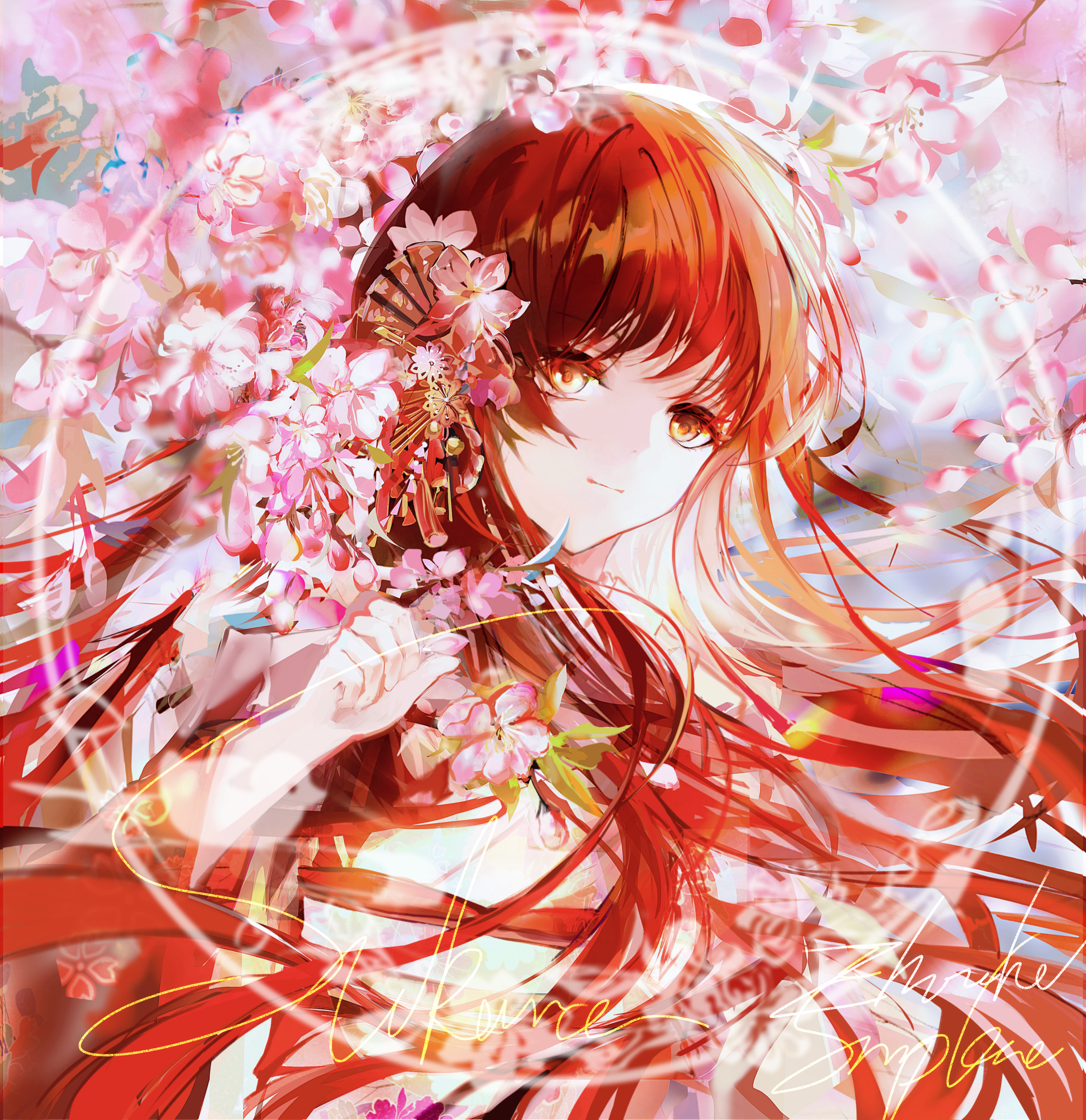 guikong560, uesugi erii, absurdres, highres, 1girl, cherry blossoms, closed mouth, japanese clothes, light smile, long hair, red hair, solo, watermark, yellow eyes