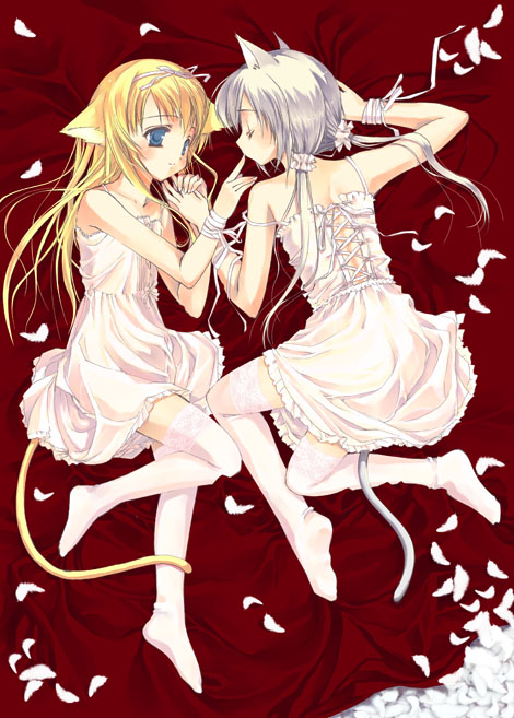 minato hiromu, 2girls, animal ears, blonde hair, blue eyes, cat ears, feathers, lingerie, multiple girls, underwear