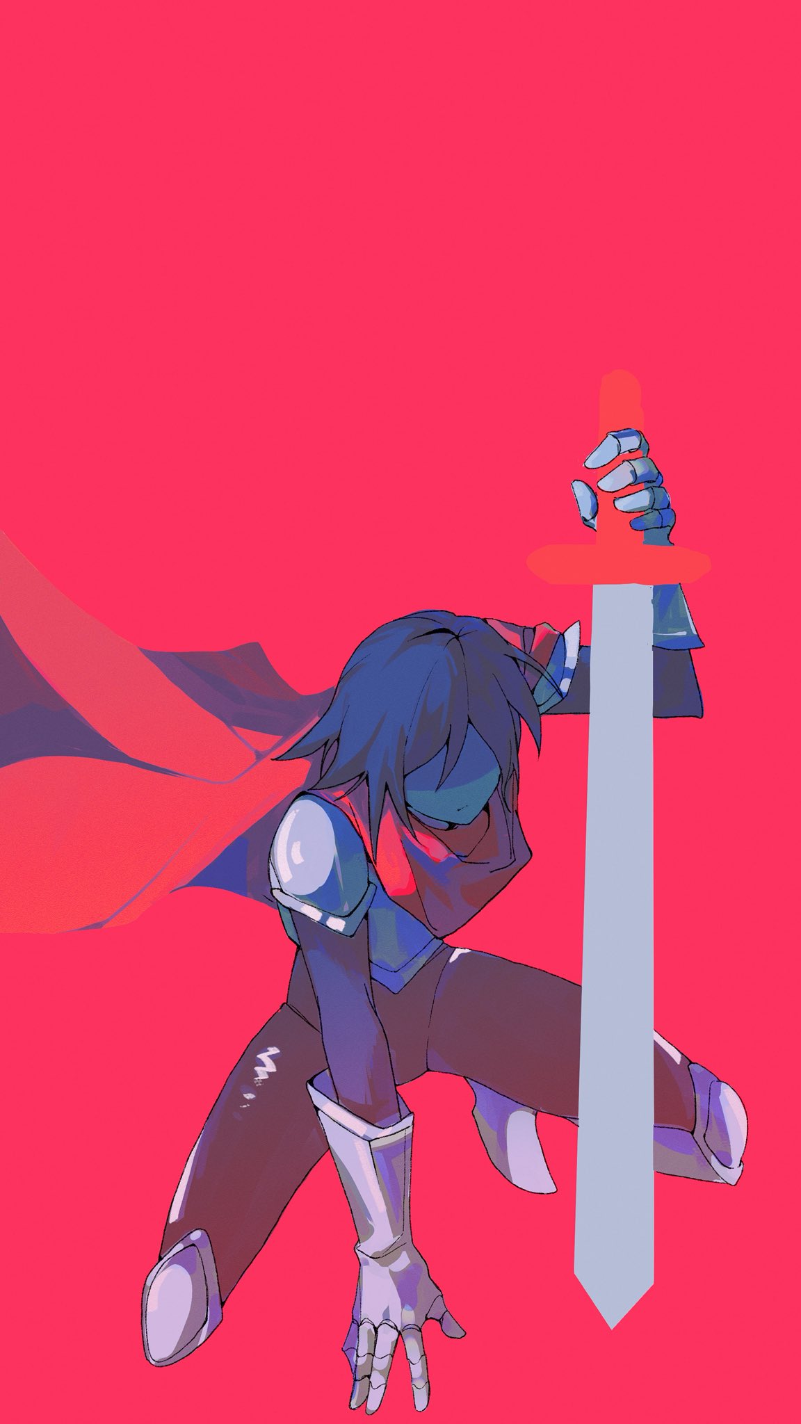 kris (dark world) (deltarune), kris (deltarune), deltarune, utdr (toby fox), highres, 1other, armor, black bodysuit, blue hair, blue skin, bodysuit, bodysuit under clothes, breastplate, cape, colored skin, expressionless, facing viewer, full body, gauntlets, greaves, holding, holding sword, holding weapon, other focus, pauldrons, pink background, red cape, shaded face, short hair, shoulder armor, si ben huan, simple background, solo, squatting, sword, weapon
