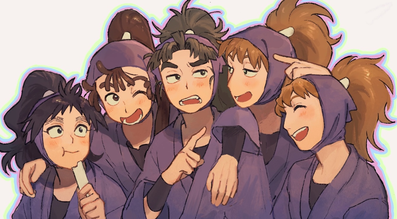 fuwa raizou, hachiya saburou, kukuchi heisuke, ohama kan'emon, takeya hachizaemon, rakudai ninja rantarou, 5boys, ;d, annoyed, black eyes, black undershirt, brown hair, chaimilk 619, eating, food, high ponytail, holding, holding food, holding popsicle, hug, light blush, looking at another, multicolored outline, multiple boys, one eye closed, open mouth, ponytail, popsicle, purple hood, purple shirt, shirt, smile, teeth, thick eyebrows, upper teeth only, white background