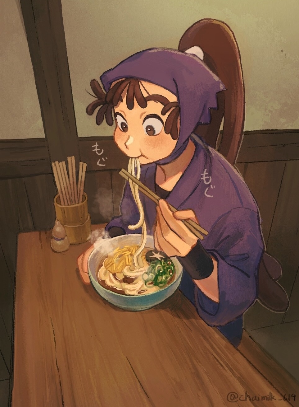 ohama kan'emon, rakudai ninja rantarou, highres, 1boy, black undershirt, brown hair, chaimilk 619, chopsticks, eating, hand up, high ponytail, holding, holding chopsticks, indoors, light blush, long hair, looking at food, looking down, male focus, ponytail, purple shirt, shirt, sitting, solo, table, thick eyebrows, twitter username