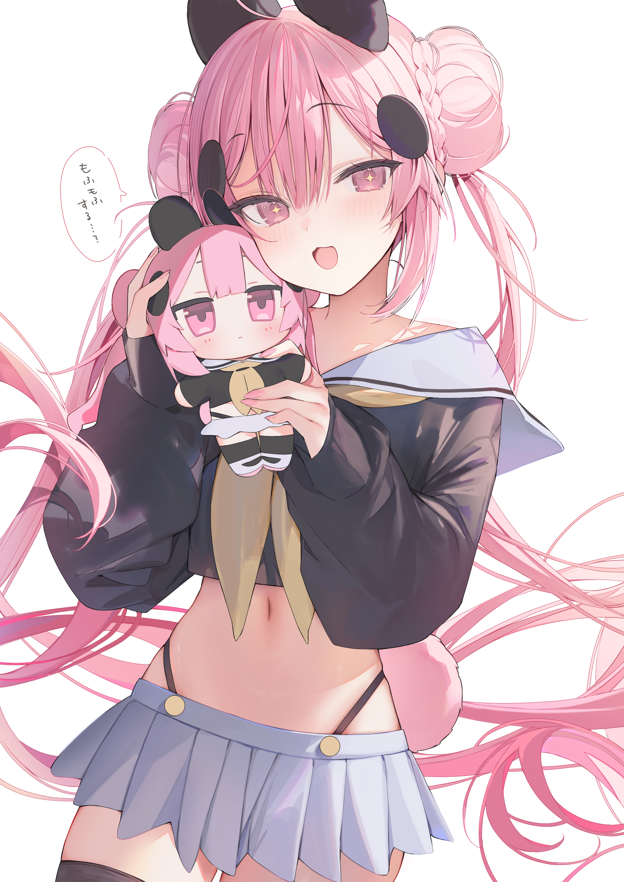 shin no tenpii, absurdres, highres, 1girl, :3, :d, animal ears, ascot, black serafuku, black shirt, black thighhighs, blunt bangs, character doll, doll, double bun, fumo (doll), hair between eyes, hair bun, holding, holding doll, long sleeves, midriff, miniskirt, navel, open mouth, panty straps, pink hair, rabbit ears, rabbit tail, sailor collar, school uniform, serafuku, shirt, simple background, skirt, smile, solo, sparkling eyes, stuffed toy, tail, thighhighs, tsurime, twintails, white background, yellow ascot
