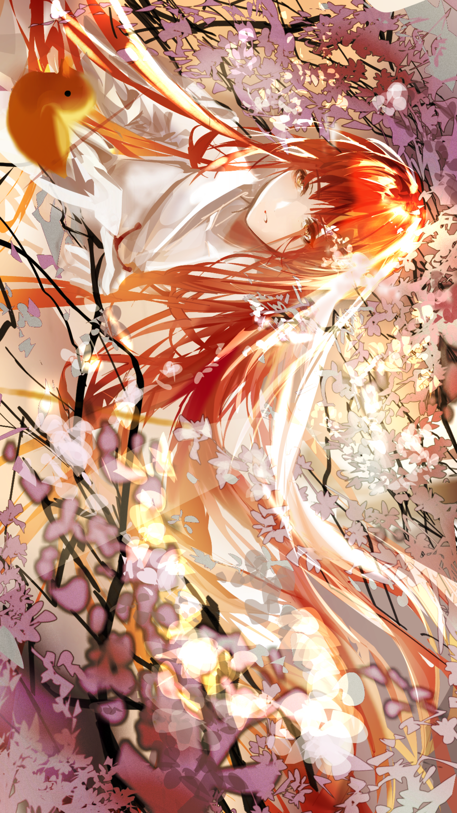 guikong560, uesugi erii, absurdres, highres, 1girl, cherry blossoms, japanese clothes, long hair, open mouth, red hair, solo, tree, yellow eyes