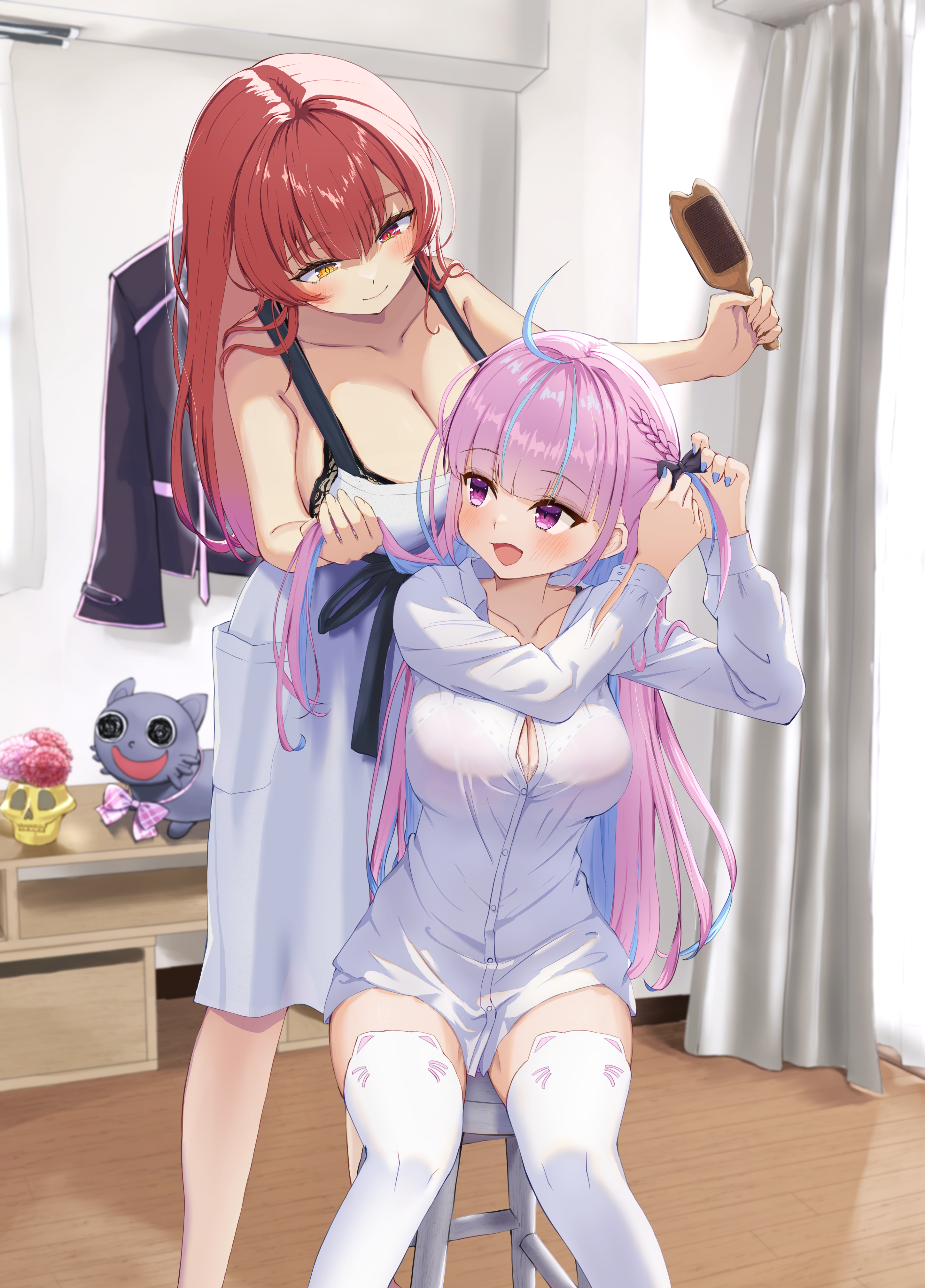 amatoh, houshou marine, minato aqua, minato aqua (school uniform), neko (minato aqua), hololive, absurdres, highres, 2girls, adjusting another's hair, adjusting hair ornament, animal ear legwear, black bow, black bra, black jacket, blue hair, blue nails, blush, bow, bowtie, bra, bra visible through clothes, braid, breasts, button gap, cat ear legwear, cleavage, collarbone, collared shirt, colored inner hair, comb, curtains, dress, fingernails, flower, hair bow, hetero, holding, holding comb, huge breasts, indoors, jacket, large breasts, long hair, long sleeves, looking at another, multicolored hair, multiple girls, nail polish, no pants, one side up, open mouth, pink bow, pink bowtie, pink bra, pink eyes, pink hair, pink jacket, plaid bow, plaid bowtie, plaid clothes, red eyes, red flower, red hair, shirt, sitting, skull ornament, sleeves past wrists, smile, standing, stool, streaked hair, thighhighs, thighs, two-tone hair, underwear, unworn jacket, virtual youtuber, white dress, white shirt, white thighhighs, wooden floor, yellow eyes