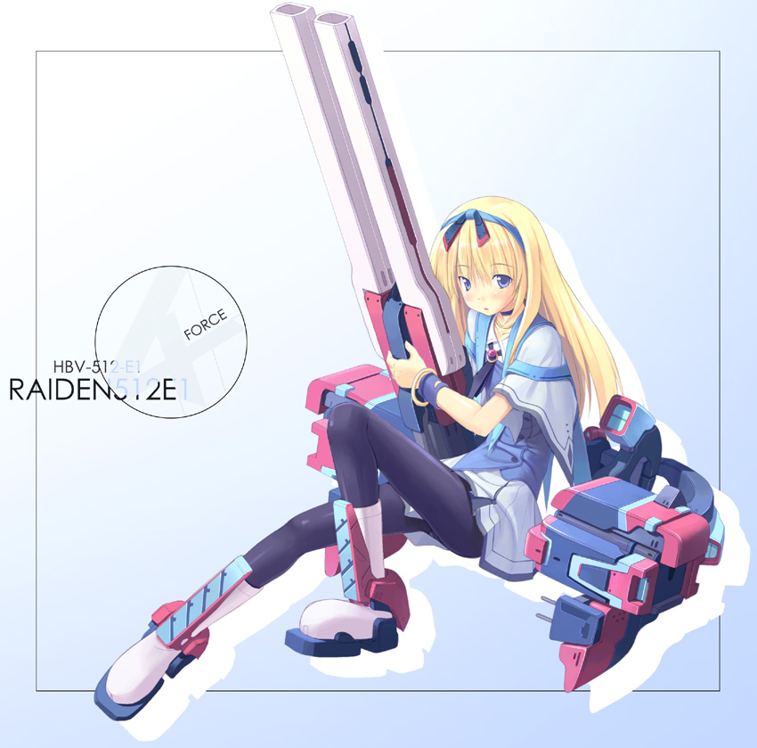 poco (asahi age), raiden (virtual on), virtual on, 1girl, black pantyhose, blonde hair, blue eyes, female focus, hair ribbon, long hair, looking at viewer, mecha musume, pantyhose, raiden 512e1, ribbon, sitting, skirt, solo