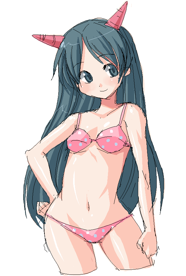 onija tarou, 1girl, bikini, breasts, contrapposto, cowboy shot, cropped legs, demon girl, female focus, green eyes, green hair, hand on own hip, horns, long hair, matching hair/eyes, oekaki, oni, parted bangs, pink bikini, polka dot, polka dot bikini, polka dot swimsuit, simple background, smile, solo, standing, swimsuit, white background
