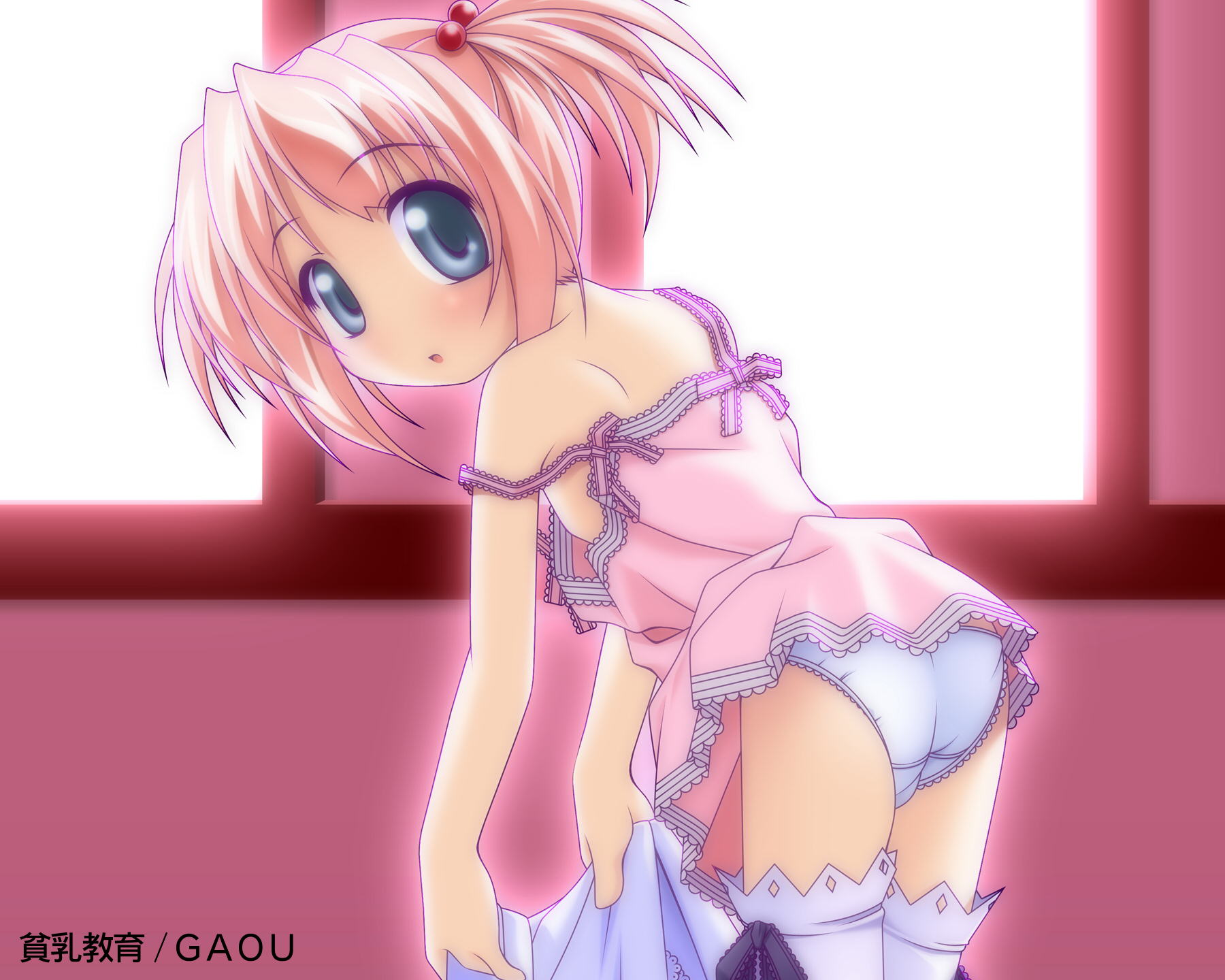 gaou (babel), original, highres, 1girl, ass, blush, brown hair, dress, female focus, from behind, hair bobbles, hair ornament, lingerie, loli, looking at viewer, looking back, open mouth, panties, pink dress, short hair, sleeveless, sleeveless dress, solo, standing, strap slip, thighhighs, twintails, underwear, white panties, white thighhighs, window