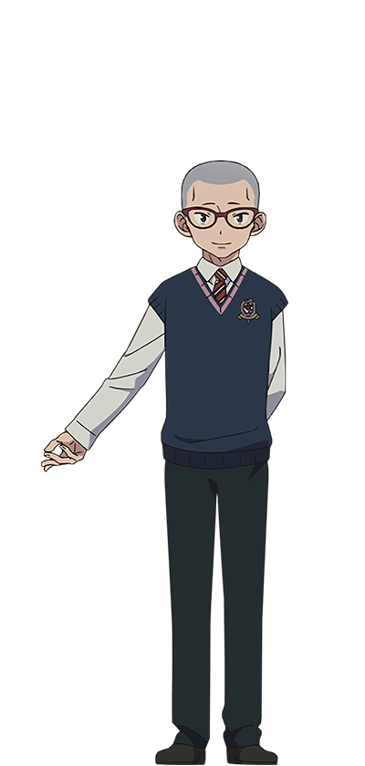 oohigashi yurie, miwa konekomaru, ao no exorcist, official art, 1boy, anime coloring, arm behind back, blue sweater vest, closed mouth, collared shirt, dress shoes, full body, glasses, green pants, grey shoes, long sleeves, looking at viewer, necktie, open hand, outstretched arm, pants, red-framed eyewear, shaved head, shirt, shoes, short eyebrows, simple background, smile, solo, standing, striped necktie, sweater vest, transparent background, white shirt