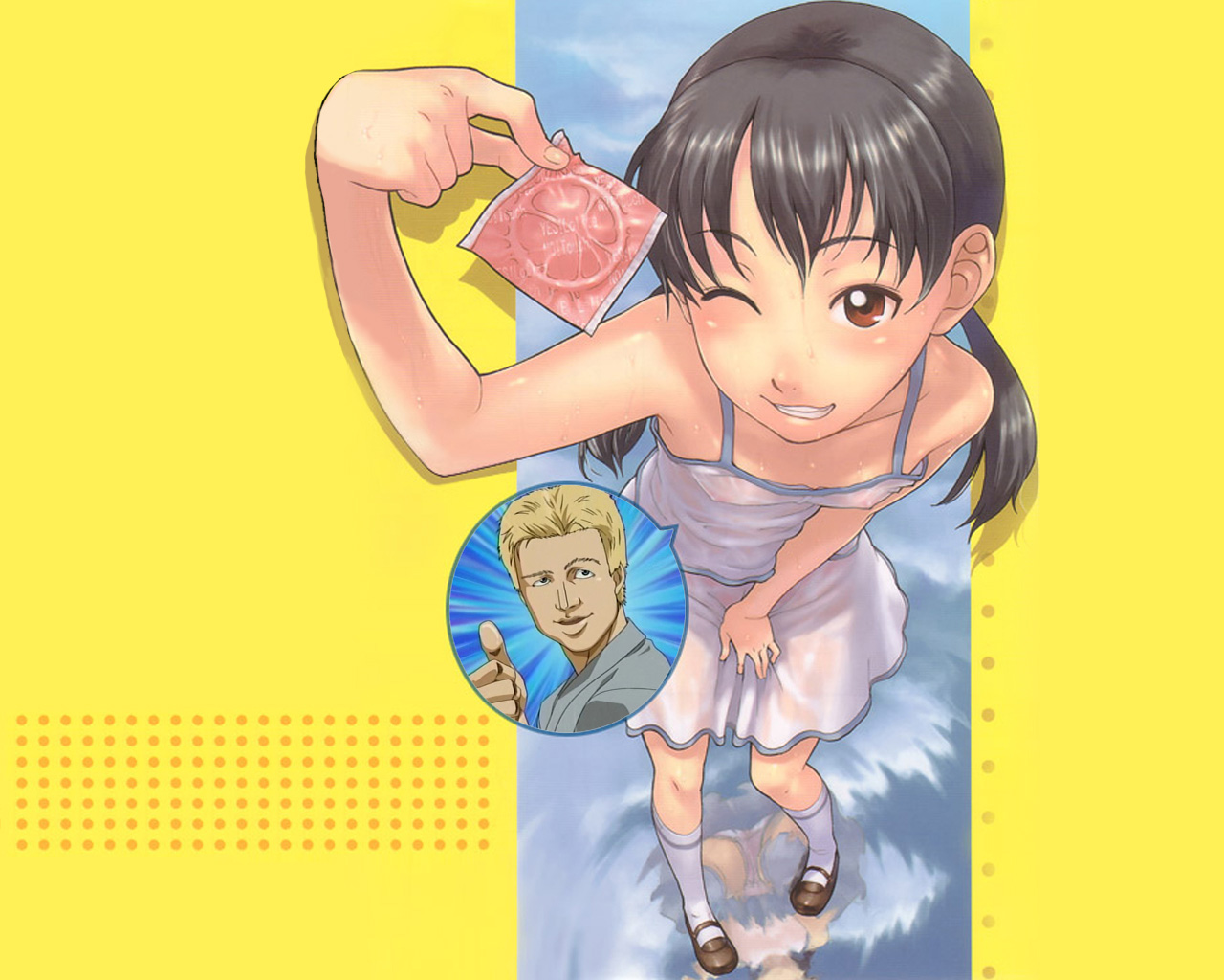 onizuka naoshi, brad kid, life is peachy?, yakitate!! japan, third-party edit, 00s, 1girl, black hair, bradkidd, brown eyes, condom, condom wrapper, female focus, flat chest, hot, loli, naughty face, one eye closed, panties, pantyshot, pantyshot through reflection, propositioning, reflection, see-through clothes, solo, sweat, thumbs up, underwear, wet, wet clothes, wink