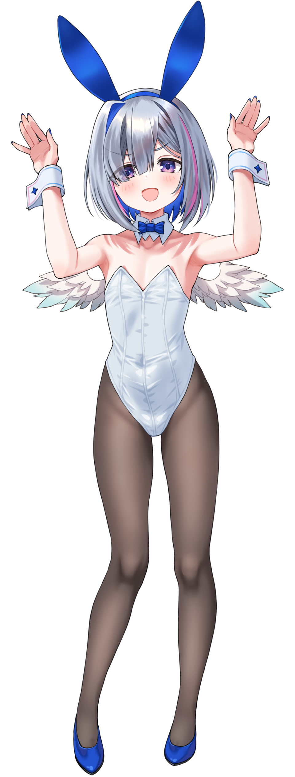 kaimuu (fahrenheit724), amane kanata, hololive, absurdres, highres, 1girl, :d, alternate costume, angel wings, animal ears, arms up, black pantyhose, blue bow, blue bowtie, blue eyes, blue hair, blue hairband, blue nails, blue shoes, bow, bowtie, collar, colored inner hair, detached collar, eyes visible through hair, fake animal ears, feathered wings, flat chest, full body, grey hair, hair between eyes, hairband, high heels, leotard, light blush, looking at viewer, multicolored hair, open mouth, pantyhose, pink hair, playboy bunny, rabbit ears, shoes, simple background, single hair intake, smile, solo, standing, streaked hair, tachi-e, virtual youtuber, white background, white collar, white leotard, white wings, white wrist cuffs, wings, wrist cuffs