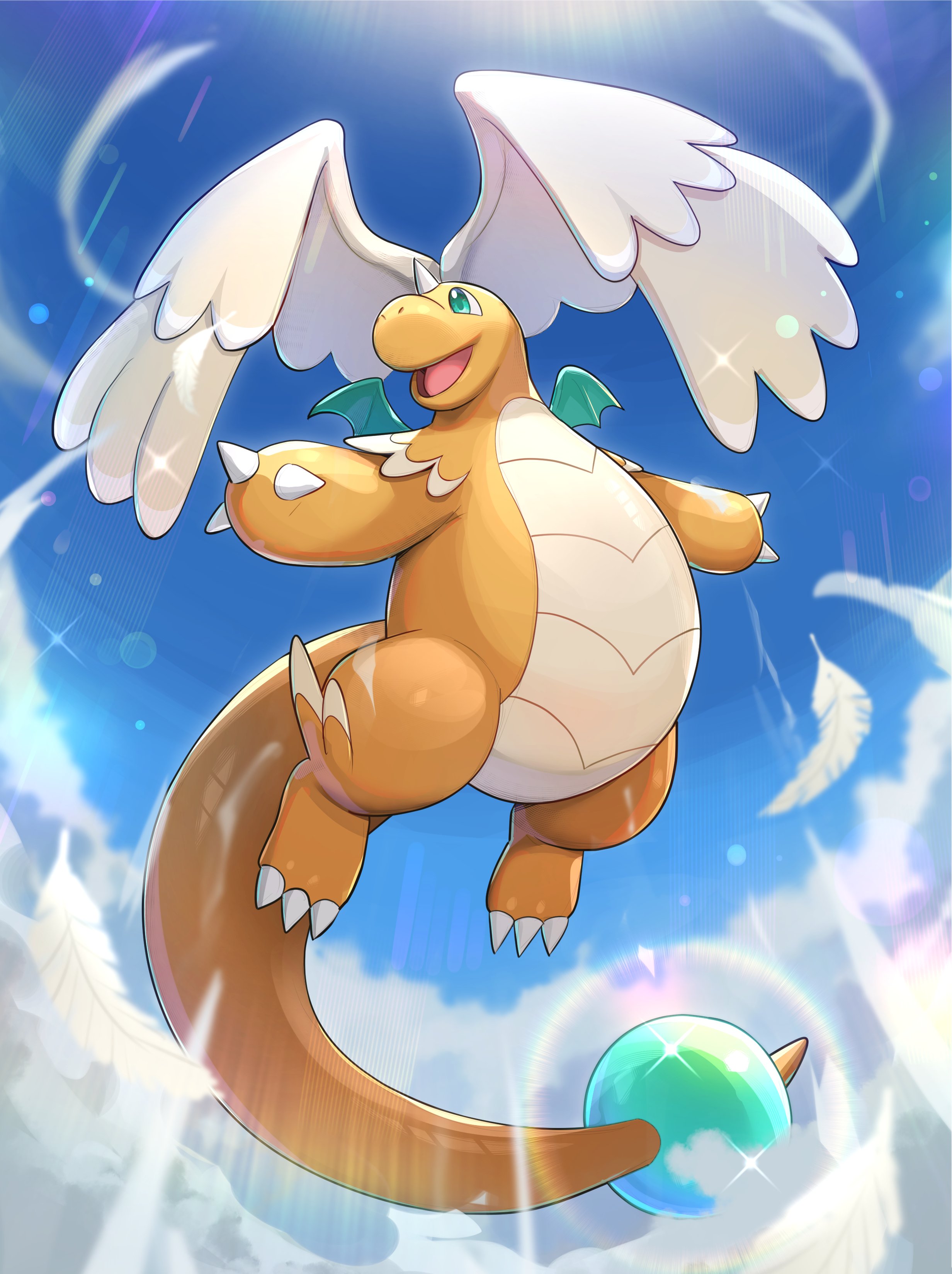 gonzarez, dragonite, mega dragonite, nintendo, pokemon, absurdres, highres, blue sky, claws, cloud, colored skin, dragon, feathered wings, flying, full body, gen 1 pokemon, green eyes, head wings, horns, mega pokemon, no humans, open mouth, pokemon (creature), pokemon focus, single horn, sky, smile, solo, tail, wings